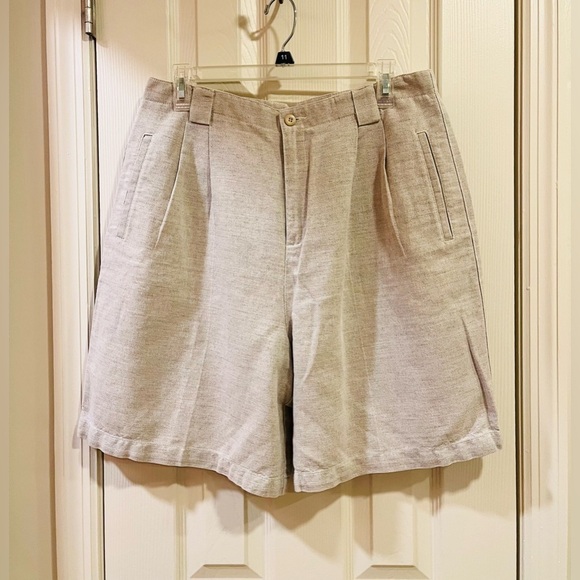 90s Liz Claiborne Linen Cotton Beige High Waisted Shorts Size 16 - Picture 1 of 5